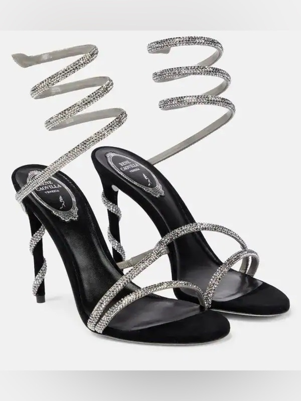 Rene Caovilla Black Rhinestone Spiral Strap High Heel